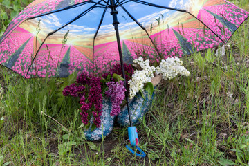 In the grass under an umbrella are two women's spring boots. In one is a purple lilac, in the other is white.