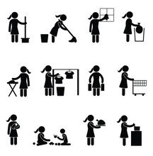 Stick Figure Woman Maid Mother Doing Chores Stay At Home Pandemic