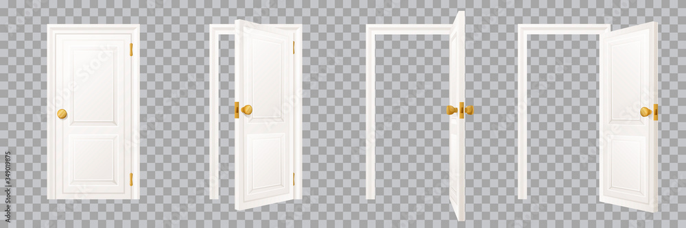 Closed and open classical white interior door set, isolated on transparent background. Vector illustration - obrazy, fototapety, plakaty 
