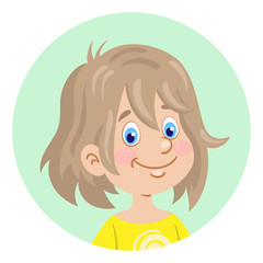 Poster - Portrait of a little cute girl.  Avatar icon in the circle. In cartoon style. Isolated on white background. Vector  flat illustration.