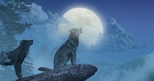 Animation Featuring A Pack Of Wolves That Run To The Edge Of A Cliff. The Alpha Sits Down And Howls At The Moon, In Front Of A Mountainous Forest Background. 