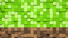 3D Abstract Cubes. Video Game Geometric Mosaic Waves Pattern. Construction Of Hills Landscape Using Brown And Green Grass Blocks