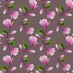 Sticker - Seamless pattern with blooming magnolia flowers and leaves. Gouache illustration. Pattern on isolated gray background for your design, wrapping paper, fabric, background