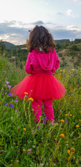 Niña vestida de Rosa paseando por el Campo