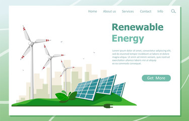 the concept of renewable energy from the sun and wind turbines. landing page of green energy resourc