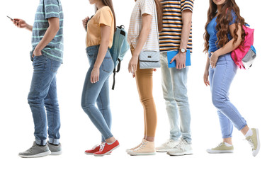 Students waiting in line on white background