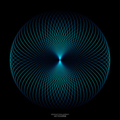 Poster - Abstract blue green light lines weaving pattern in circle shape isolated on black background. Vector illustration in concept technology, science, music, modern.