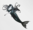 Fantasy graphic illustration of a beautiful gothic witch mermaid with long black curly hair