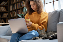 Young Hispanic Latin Ethnic Teen Girl Relaxing Sit On Comfortable Sofa With Cute Pet Cat Watching Remote Education Webinar Class, Movie Series On Laptop Drinking Warm Tea In Cozy Sunny Living Room.
