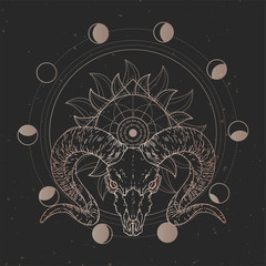 Wall Mural - Vector illustration with hand drawn Wild ram skull and Sacred geometric symbol on black vintage background. Abstract mystic sign. Gold linear shape. For you design and magic craft.