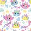 vector seamless pattern, cute faces of magical unicorns for a girl in gentle colors, kawaii