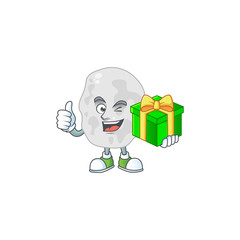 Sticker - Happy smiley planctomycetes cartoon mascot design with a gift box