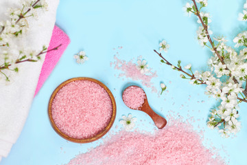 Spa setting spring flowers with towel ,salt in bowl, Spring Time