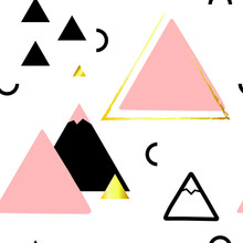 Seamless Scandinavian Vector Pattern. Pink, Black, Golden Geometric Shapes Isolated On A White Background. Triangles, Mountains, Semicircles. Hand-drawn Illustration For Wallpapers, Wrapping Paper