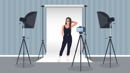 Photo Studio Vector. Girl posing to the camera. White canvas background on tripods. Camera on a tripod, softbox. Professional photo studio.