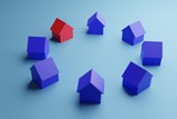 Fototapeta Do przedpokoju - Roofed house among blue roofed houses for real estate property industry. 3D rendering. 3D illustration
