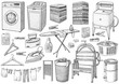 Laundry collection, equipment, illustration, drawing, engraving, ink, line art, vector