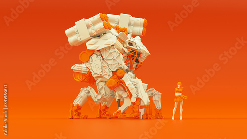 Futuristic AI Battle Droid Cyborg Mech White an Orange with Female Handler Right Tableau sur Toile