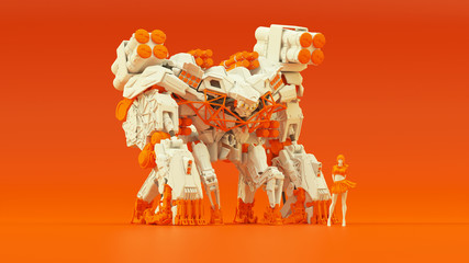 Wall Mural - Futuristic AI Battle Droid Cyborg Mech White an Orange with Female Handler Quarter Right View 3d illustration 3d render