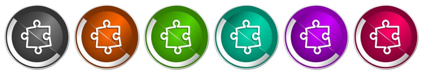 Fototapete - Puzzle icon set, silver metallic chrome border vector web buttons in 6 colors options for webdesign