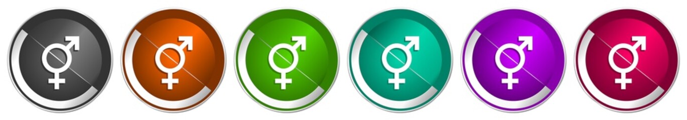 Fototapete - Sex icon set, silver metallic chrome border vector web buttons in 6 colors options for webdesign