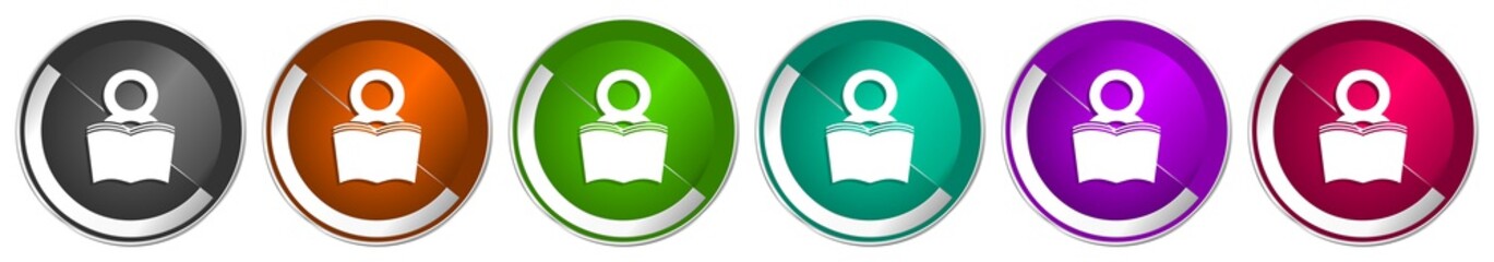 Aufkleber - Book icon set, silver metallic chrome border vector web buttons in 6 colors options for webdesign