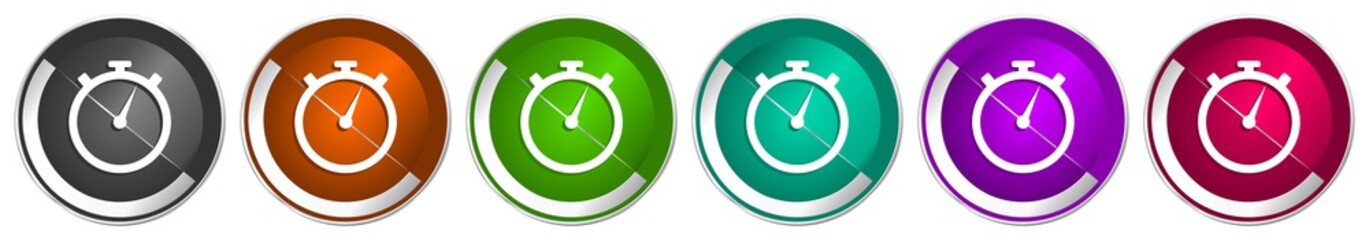 Fototapete - stopwatch icon set, silver metallic chrome border vector web buttons in 6 colors options for webdesign