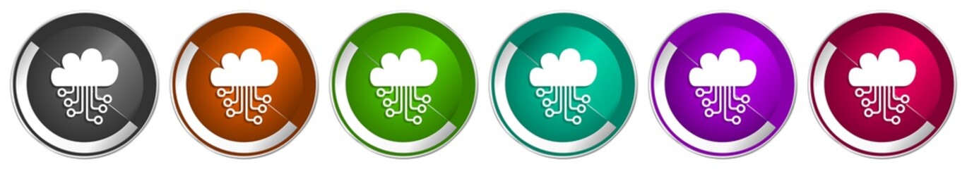 Aufkleber - Cloud computing icon set, technology, circuit, data silver metallic chrome border vector web buttons in 6 colors options for webdesign