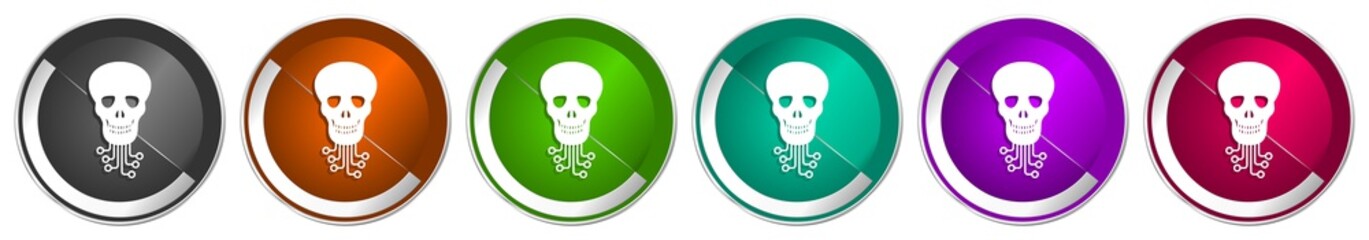Aufkleber - Hack icon set, virus, circuit, skull, hacker silver metallic chrome border vector web buttons in 6 colors options for webdesign