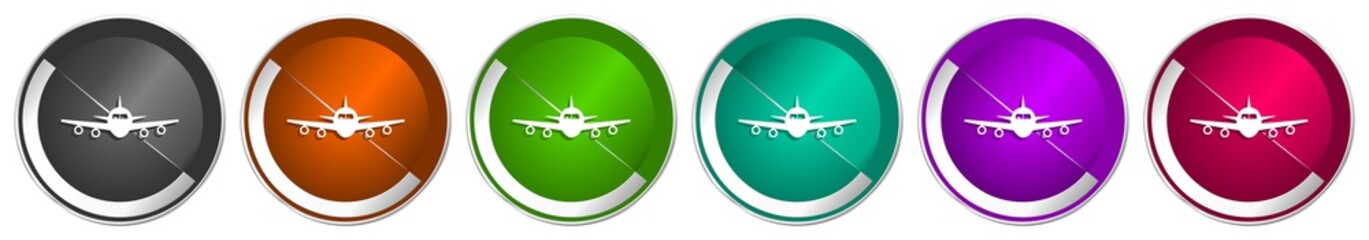 Aufkleber - Flight icon set, plane, aircraf silver metallic chrome border vector web buttons in 6 colors options for webdesign