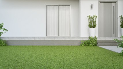 Wall Mural - New house with gray door and empty white wall. 3d rendering of green grass lawn in modern home.