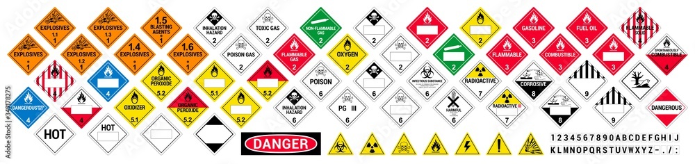 Vector hazardous material signs. Globally Harmonized System warning signs. All classes. Hazmat isolated placards. GHS - obrazy, fototapety, plakaty 