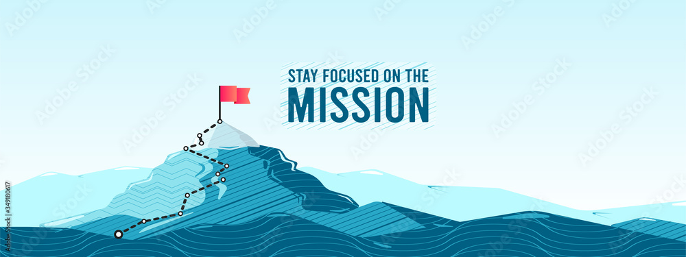 Flag on the mountain peak. Business concept of goal achievement or success. Flat style vector illustration - obrazy, fototapety, plakaty 