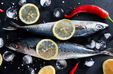 Wall Mural -  mackerel fish, lemon slices, ice cubes, spices, red chili pepper, salt on a black background top view