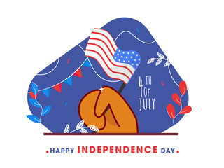 Sticker - 4th Of July Text with Human Hand holding USA Flag on Abstract Background for Happy Independence Day Concept.