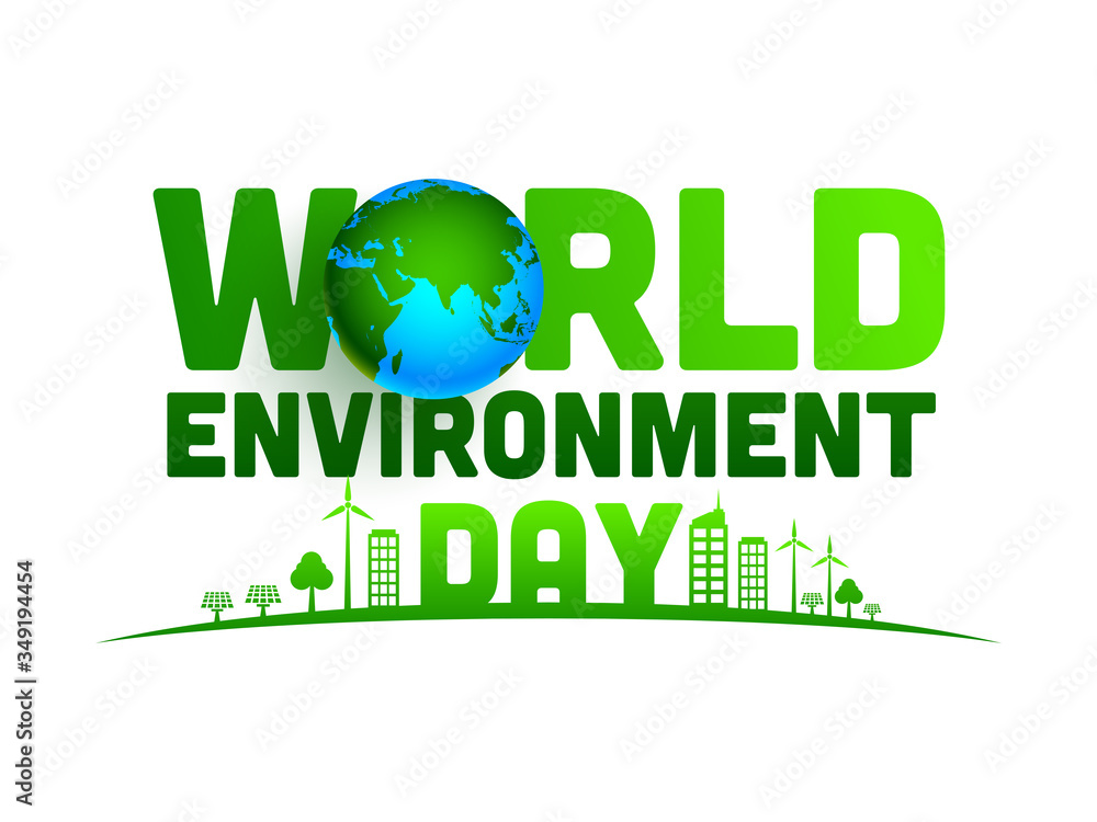 World Environment Day Text with 3d Earth Globe and Green City on White Background. - obrazy, fototapety, plakaty 