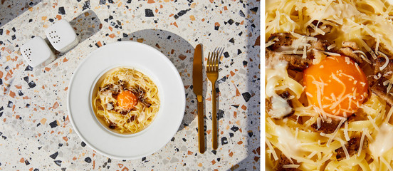 Wall Mural - collage of delicious pasta carbonara served with golden cutlery, salt and pepper shakers on stone table in sunlight
