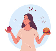 Diet Choice. Vector Illustration Of Young Slim Woman With An Apple In One Hand And A Hamburger In Another, Thinking What Is Better To Eat. Isolated On Background