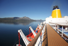 Deck & Funnel Of A Ship As It Cruises Fjords, Islands & Inside Passages; The Andfjorden & Vestfjorden, Between Bodo & Hammerfest, Norway.