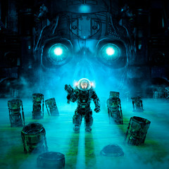 Wall Mural - lair of the tyrant / 3d illustration of science fiction scene showing armed military astronaut explo