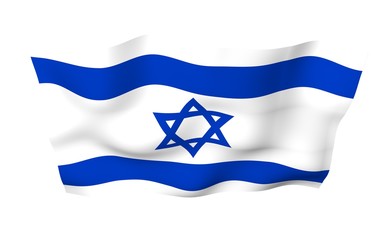 The flag of Israel. State symbol of the State of Israel. A blue Star of David between two horizontal blue stripes on a white field. 3d illustration