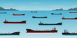 © kanvictory - Vector illustration of oil tankers floating in coastline at day with sea. Nautical vessel float off the coast of California, global lockdown, low demand for crude crisis. Transport ships industry.