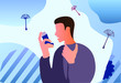 © Екатерина Кузнецова - Asthma inhaler help allergic man. World asthma day. Allergy, asthmatic. Inhalation medicine. Flat vector illustration concept. Man uses an inhaler against the attack. Bronchial asthma.