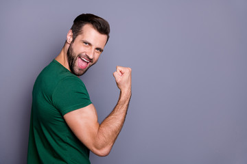 Poster - Profile side of ecstatic man win corona virus epidemic celebrate lucky fortune raise fists biceps scream yeah wear style stylish trendy clothes isolated over gray color background