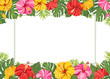 Tropical flowers and green leaves frame template. Hibiscus floral border with place for text. Vector illustration.