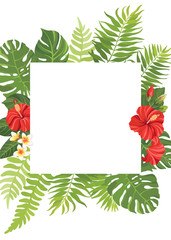 Wall Mural - Red tropical flowers and green leaves frame template. Hibiscus floral border with place for text. Vector illustration.