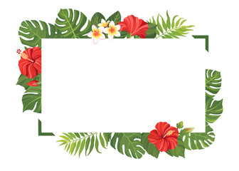 Red tropical flowers and green leaves frame template. Hibiscus floral border with place for text. Vector illustration.