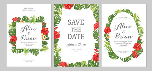 Wall Mural - Wedding invitation set. Cards with red flowers hibiscus and tropical green leaves. Floral border. Save the date, invite, birthday card design. Vector illustration.