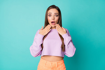 Sticker - Oh no. Photo of pretty shocked lady holding arms near mouth terrified eyes wear purple shirt cropped sweater orange jeans skirt isolated bright teal color background