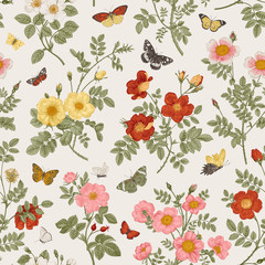 Wall Mural - Vintage floral illustration. Seamless pattern. Wild Roses with butterflies. Black and white and yellow. ..